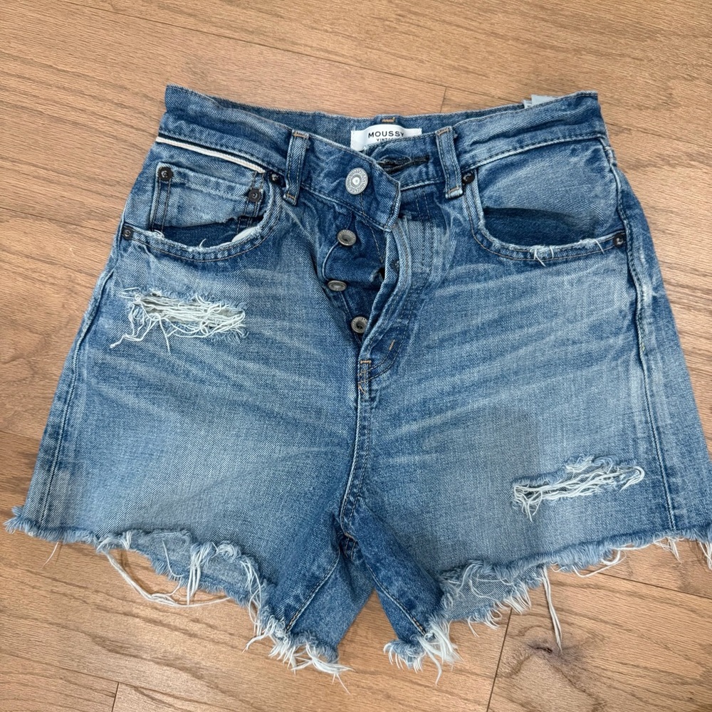 Moussy Mid-Blue Distressed High-Rise Denim Shorts